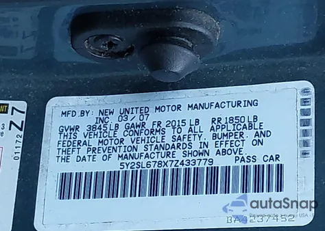 2007 Pontiac Vibe from USA, damaged, VIN 5Y2SL678X7Z433779